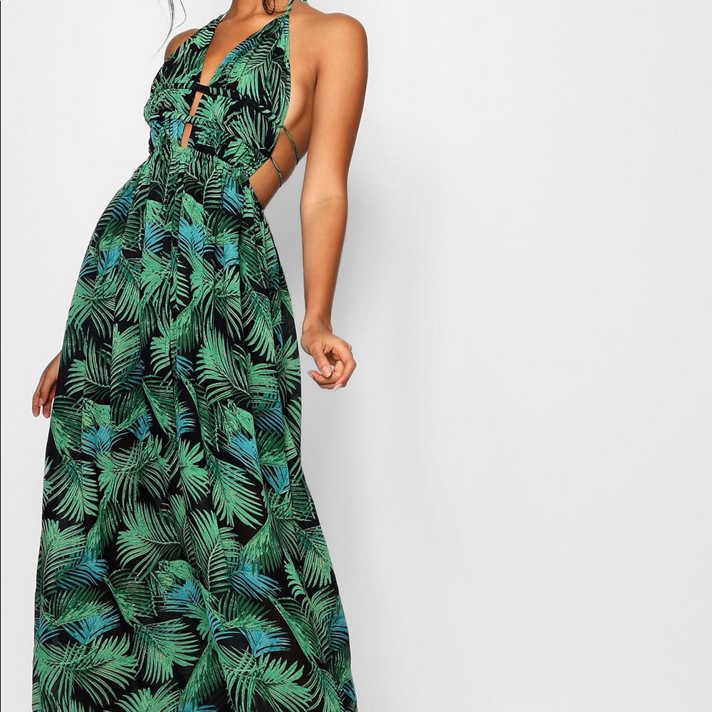 Plunge Front Palm Print Maxi Dress